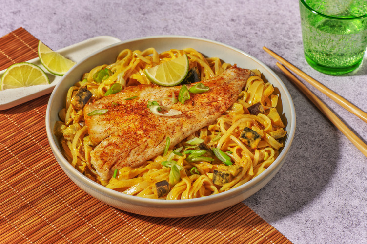 Pangasiusfilet met kruidige gele auberginecurry