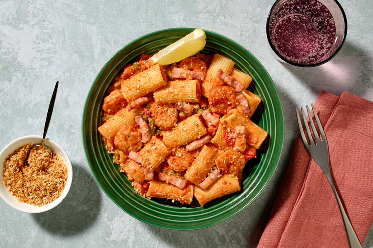 Creole-inspired Prawn Rigatoni with Irish Bacon