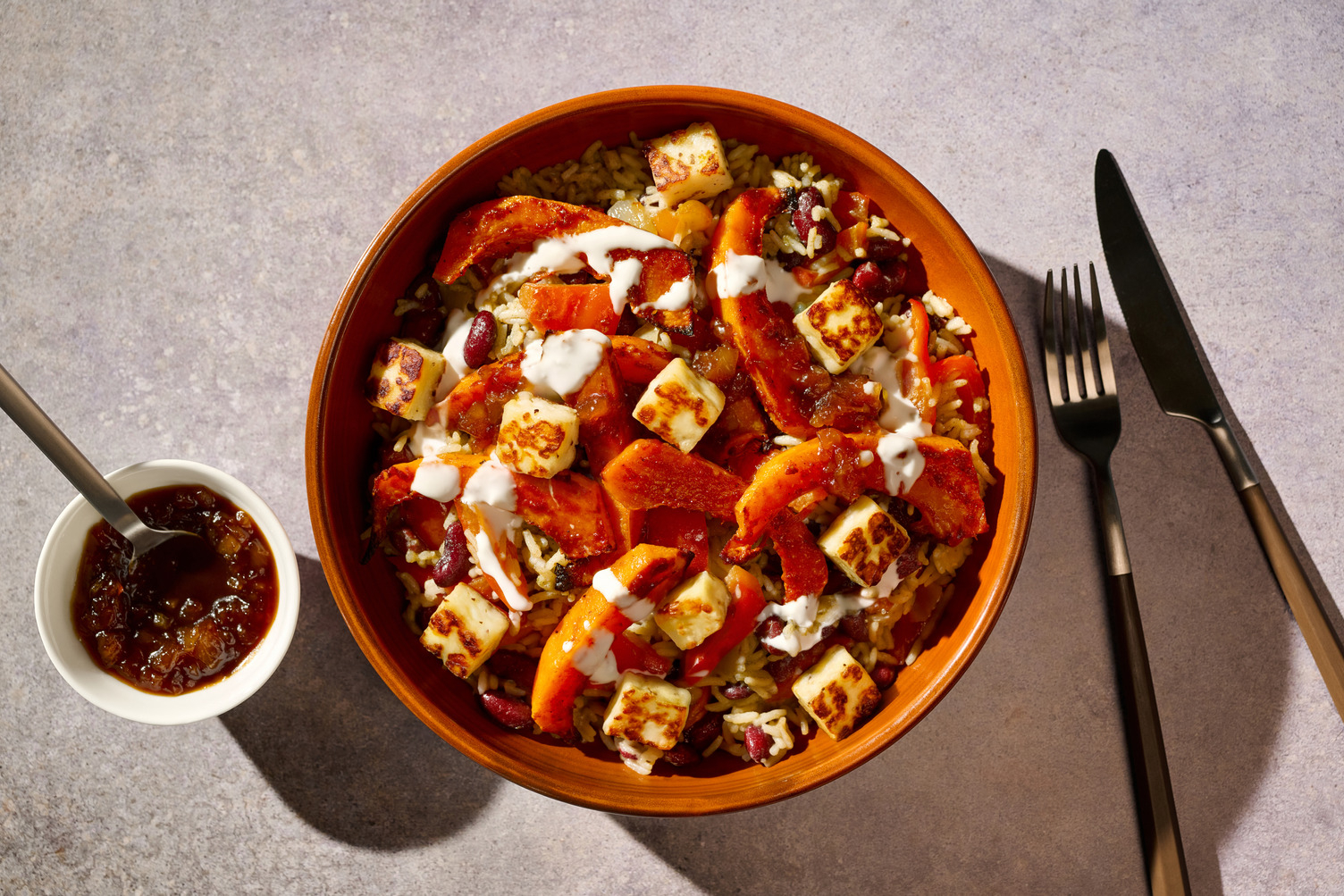 Roasted Jerk Butternut Squash and Halloumi on Rice & Beans