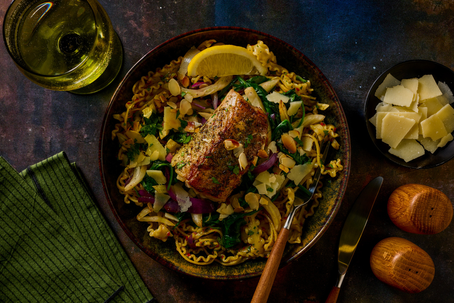 Mafaldine aglio e olio met kabeljauwfilet
