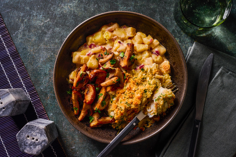 Kabeljauw met amandelkorst met champignons