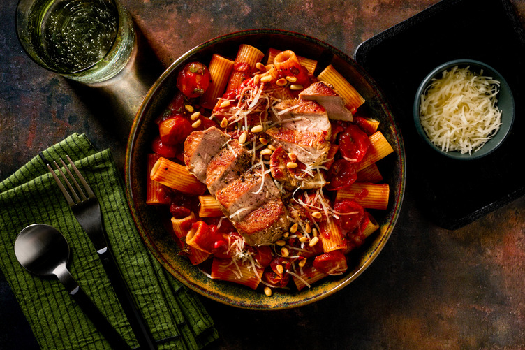 Rigatoni Amatriciana met varkenshaas