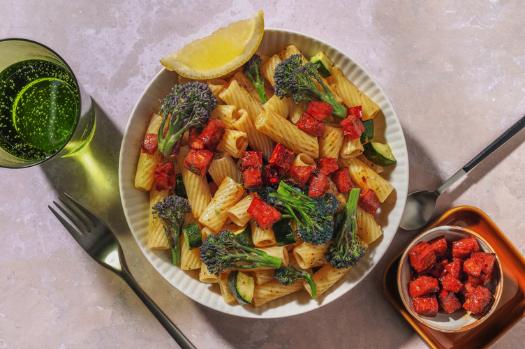 Purple Sprouting Broccoli and Double Chorizo Jam Rigatoni