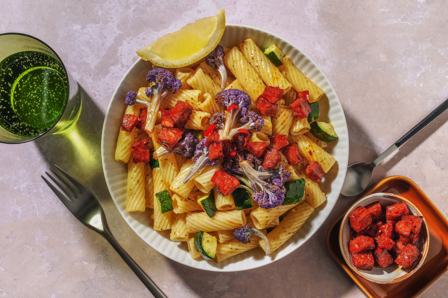 Perfect to Scrub Purple Sprouting Broccoli and Prawn Rigatoni