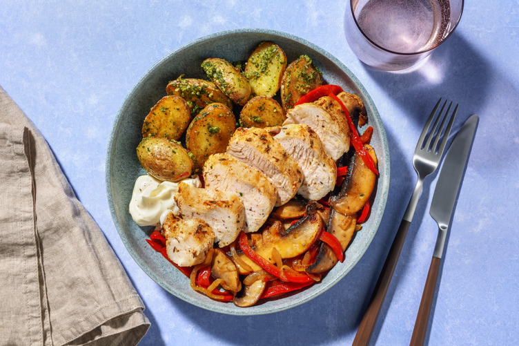 Kipfilet met pesto-patatjes