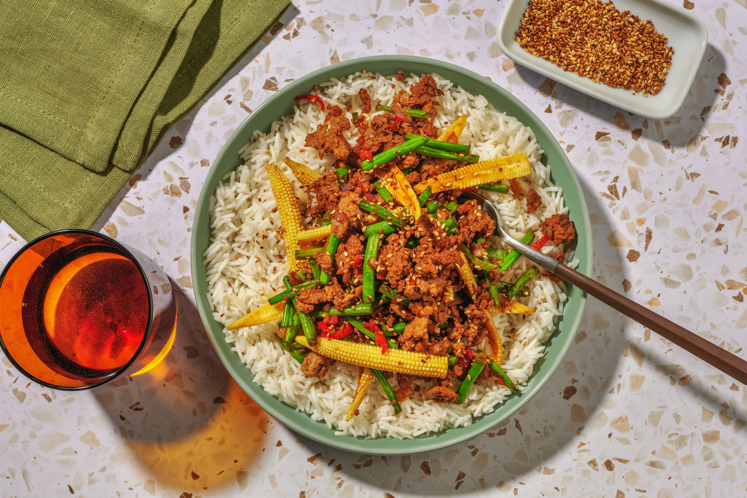 Sticky Thai Style Meat-Free Mince Rice Bowl