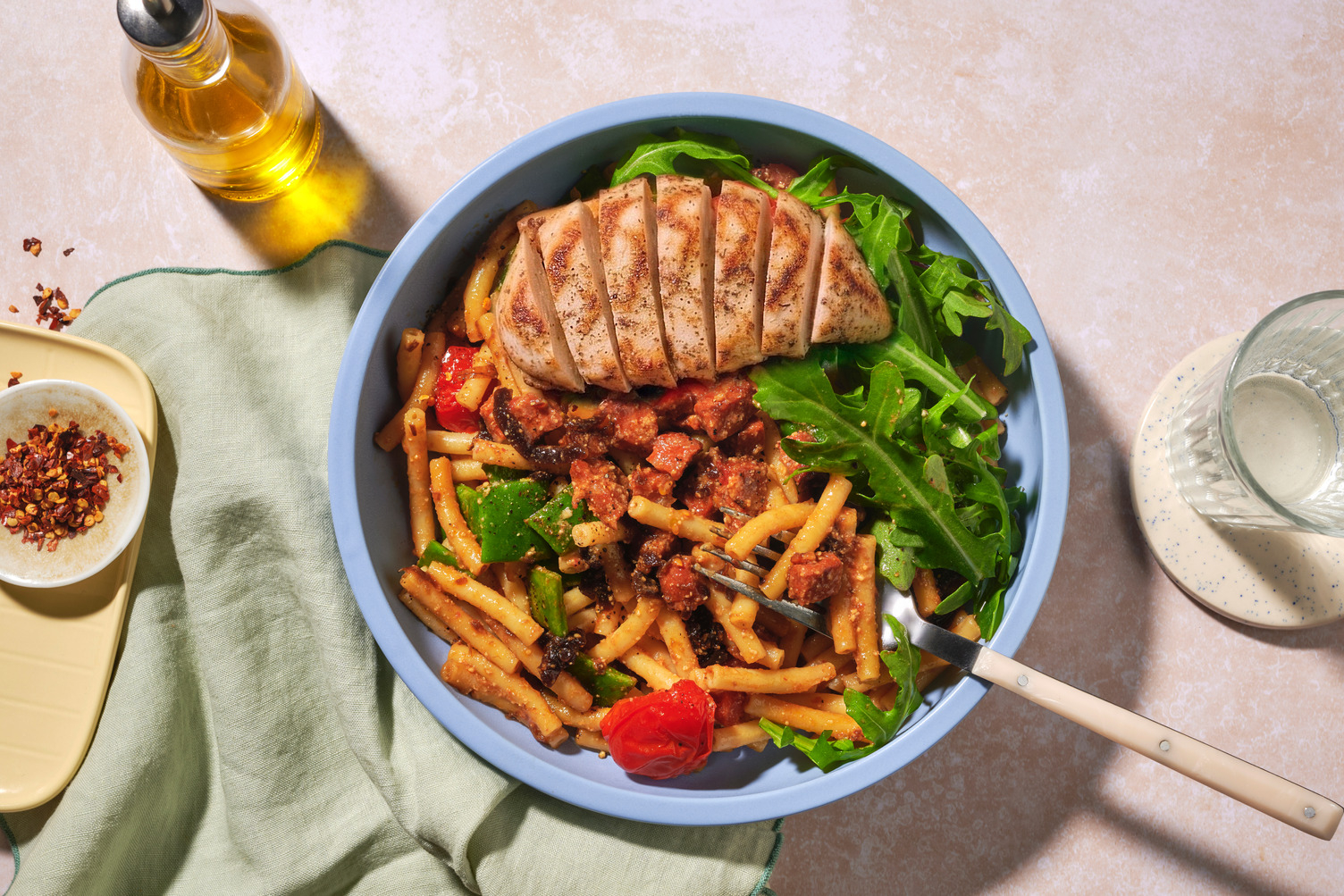 Chorizo, Chicken, Summer Bean and Blistered Tomato Macaroni