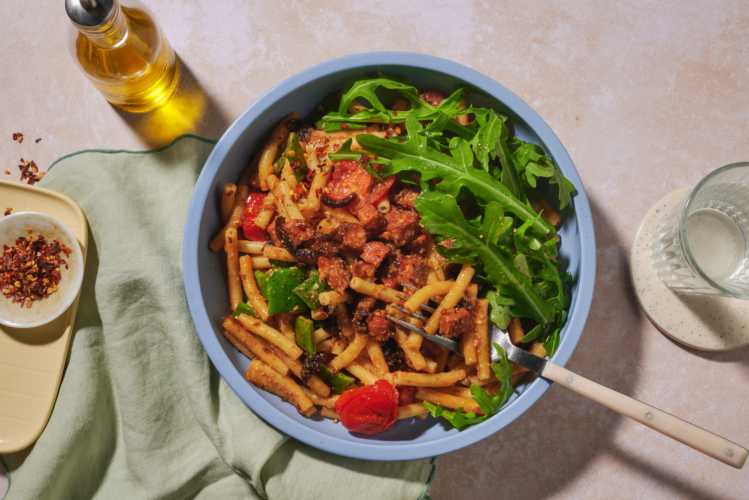 Chorizo, Chicken, Summer Bean and Blistered Tomato Macaroni
