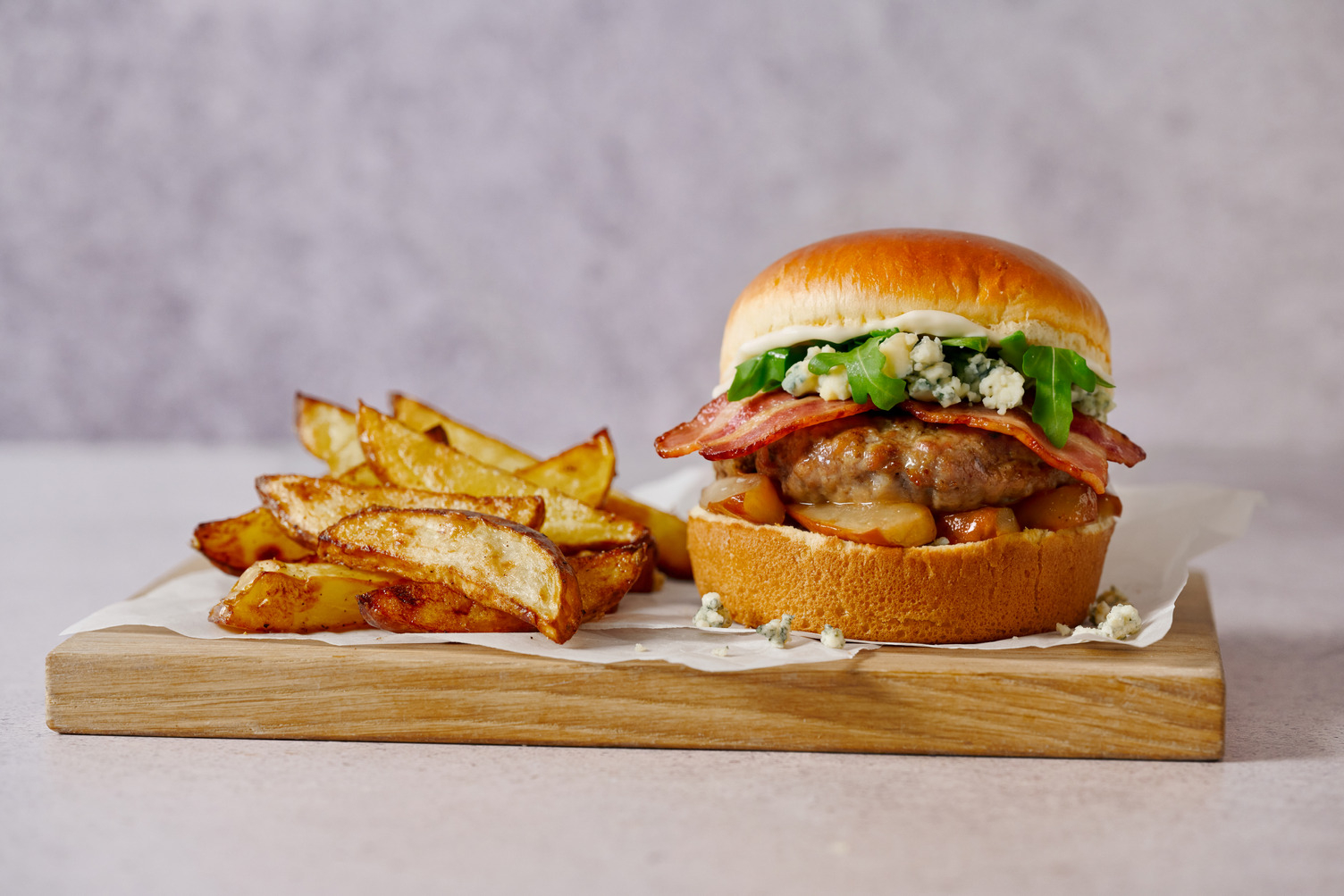 Bacon, Sausage, Blue Cheese and Caramelised Pear Burger