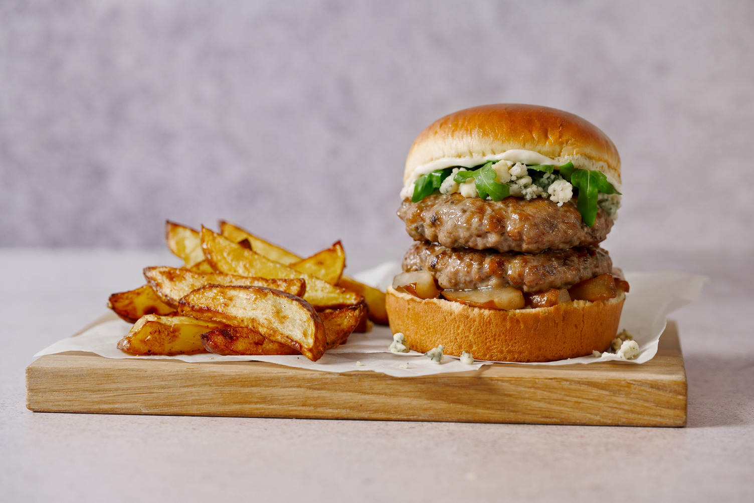 Double Sausage, Blue Cheese and Caramelised Pear Burger