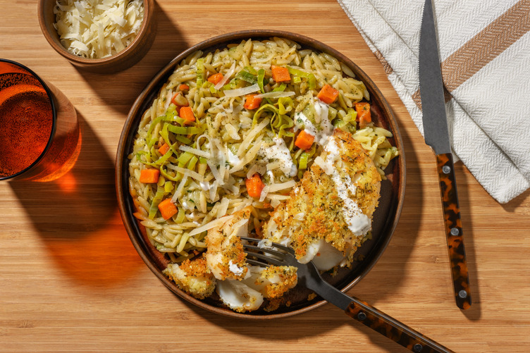 Herby Crumbed Salmon and Orzo