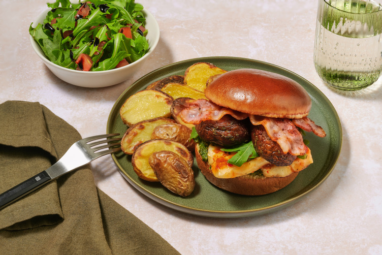 Glazed Halloumi and Portobello Mushroom Burger with Irish Bacon