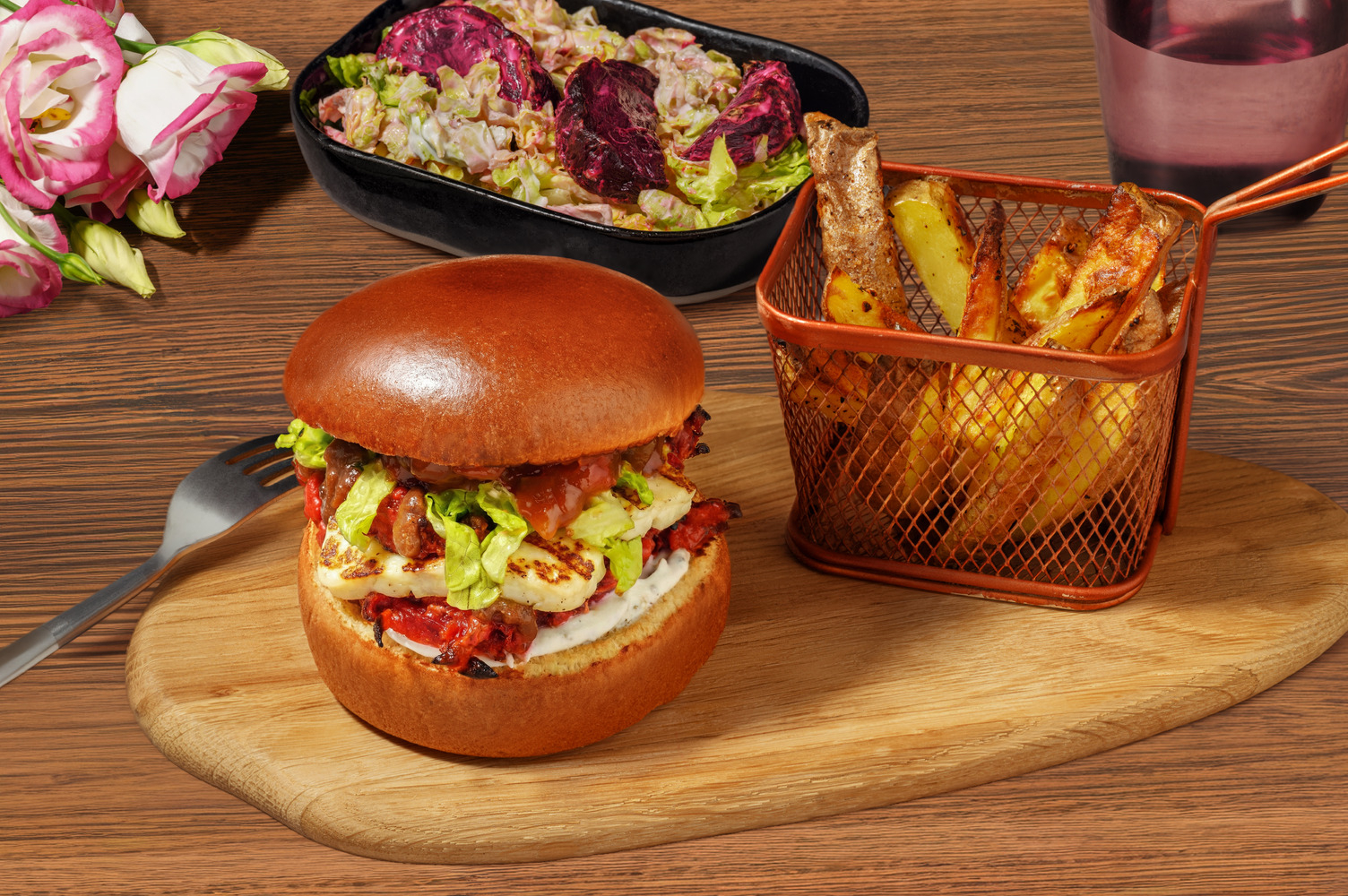 Blushing Beetroot Bhaji & Halloumi Burger and Chips