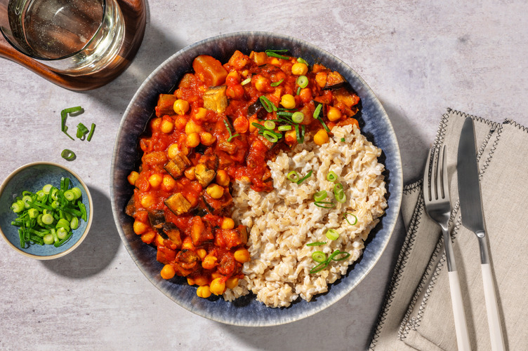Roasted Aubergine and Chickpea Rogan Josh with Paneer