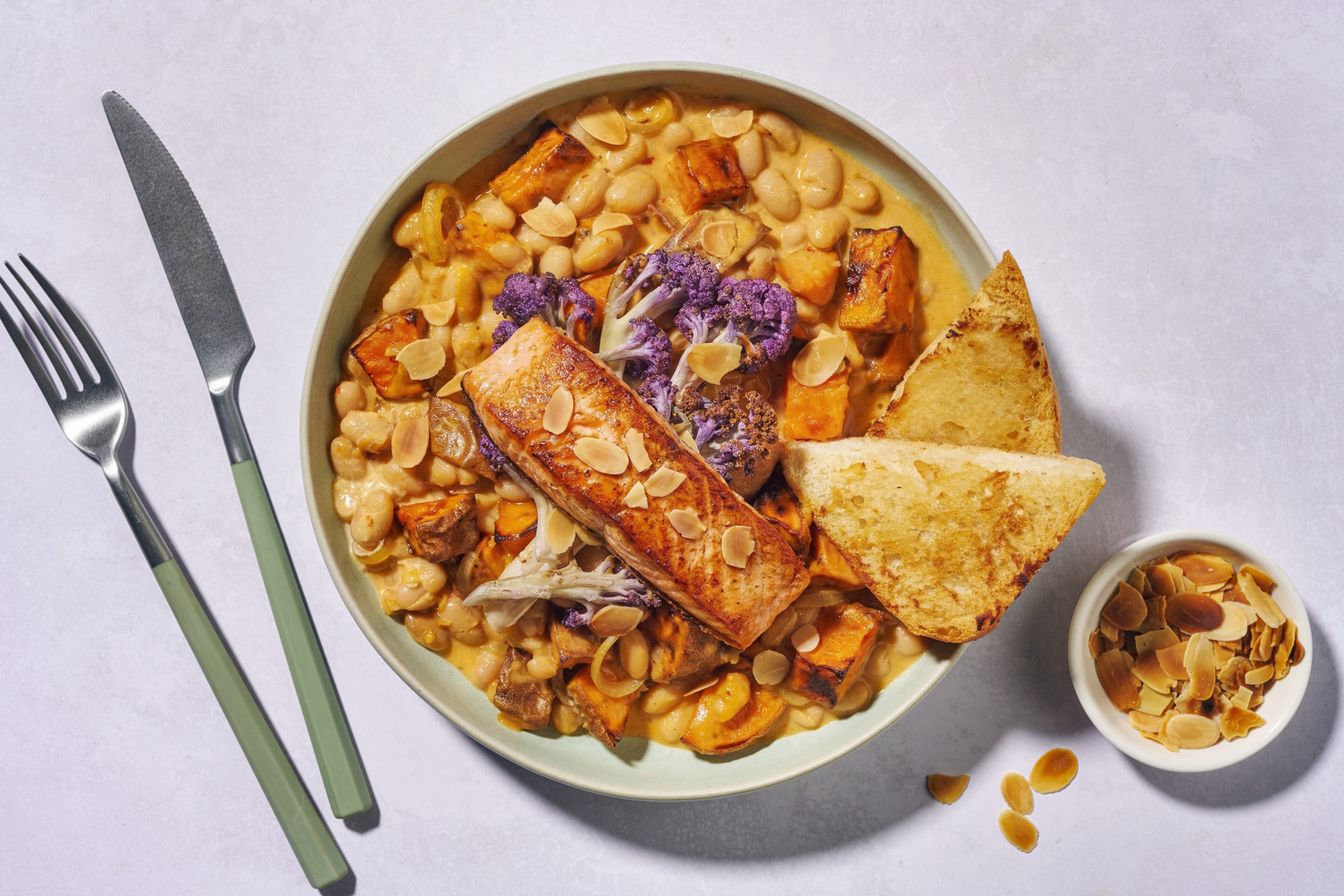 Salmon, Purple Sprouting Broccoli & Spiced Butter Bean Bowl