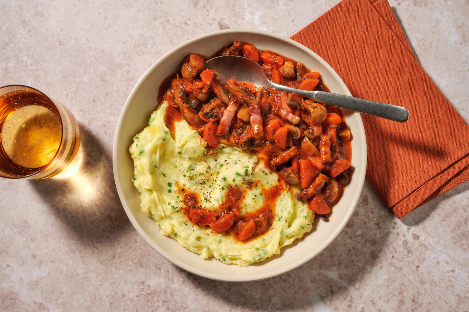 Hearty Mushroom Bourguignon-style Stew with Irish Bacon