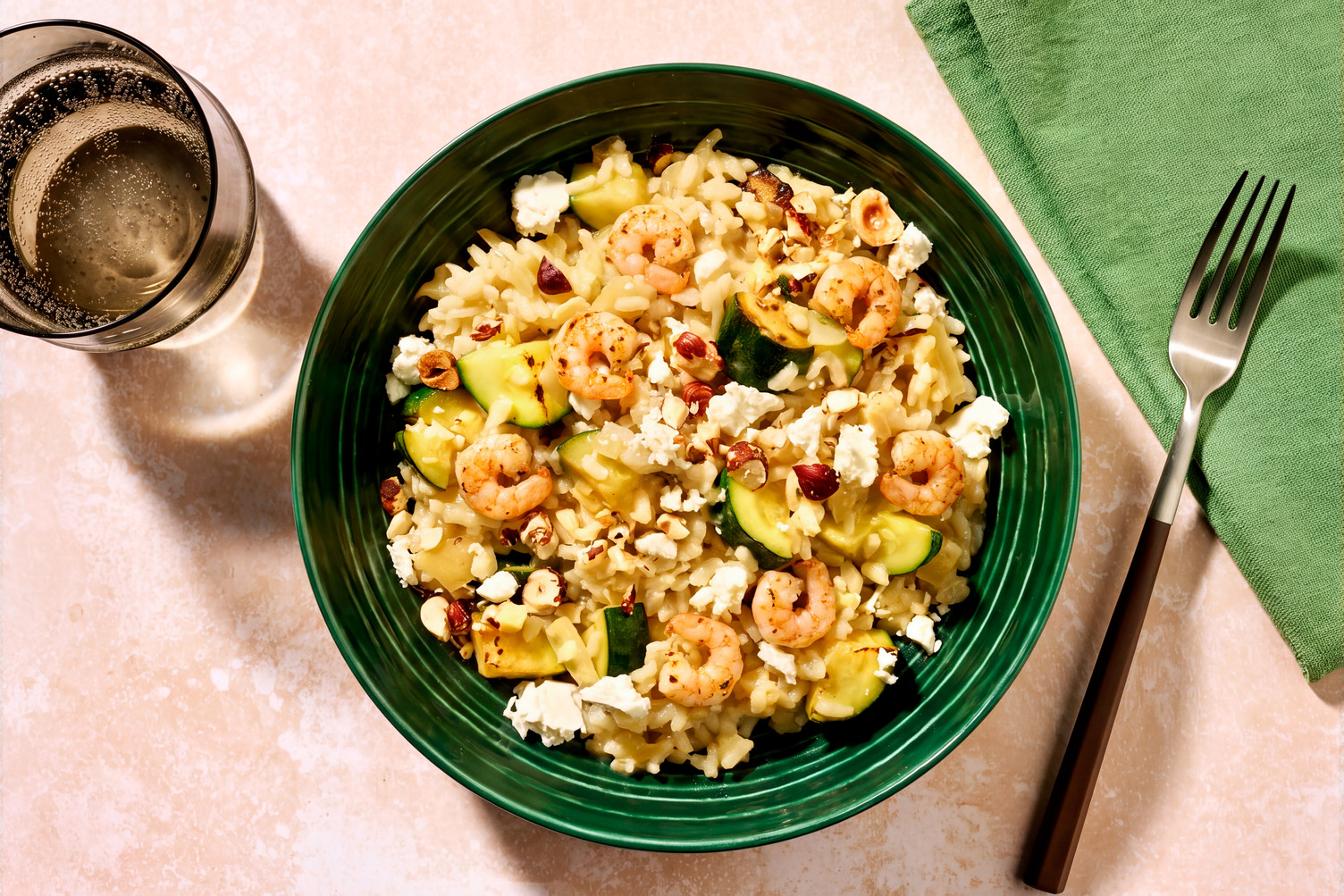 Spinach, Courgette and Goat's Cheese Risotto with Prawns