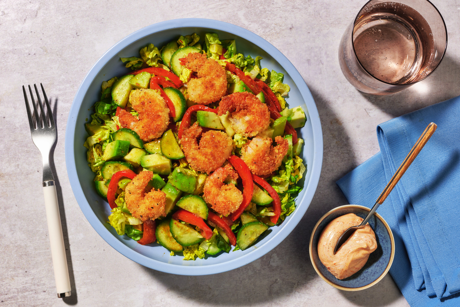 La Calypso : crevettes panées, poivron & avocat