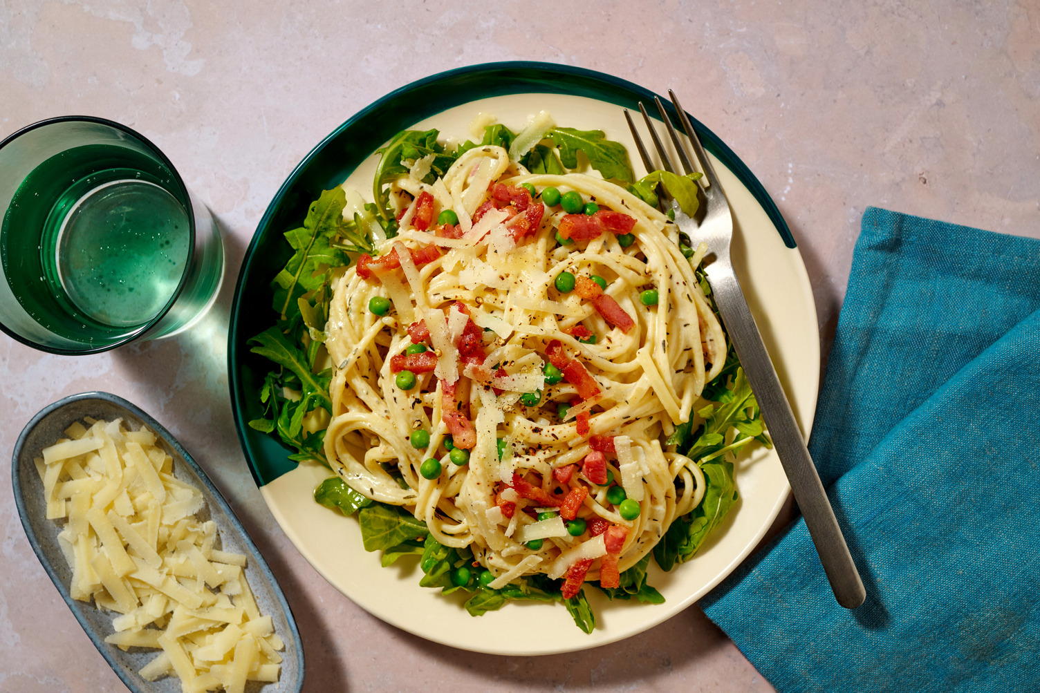 Spaghetti complets aux lardons & petits pois