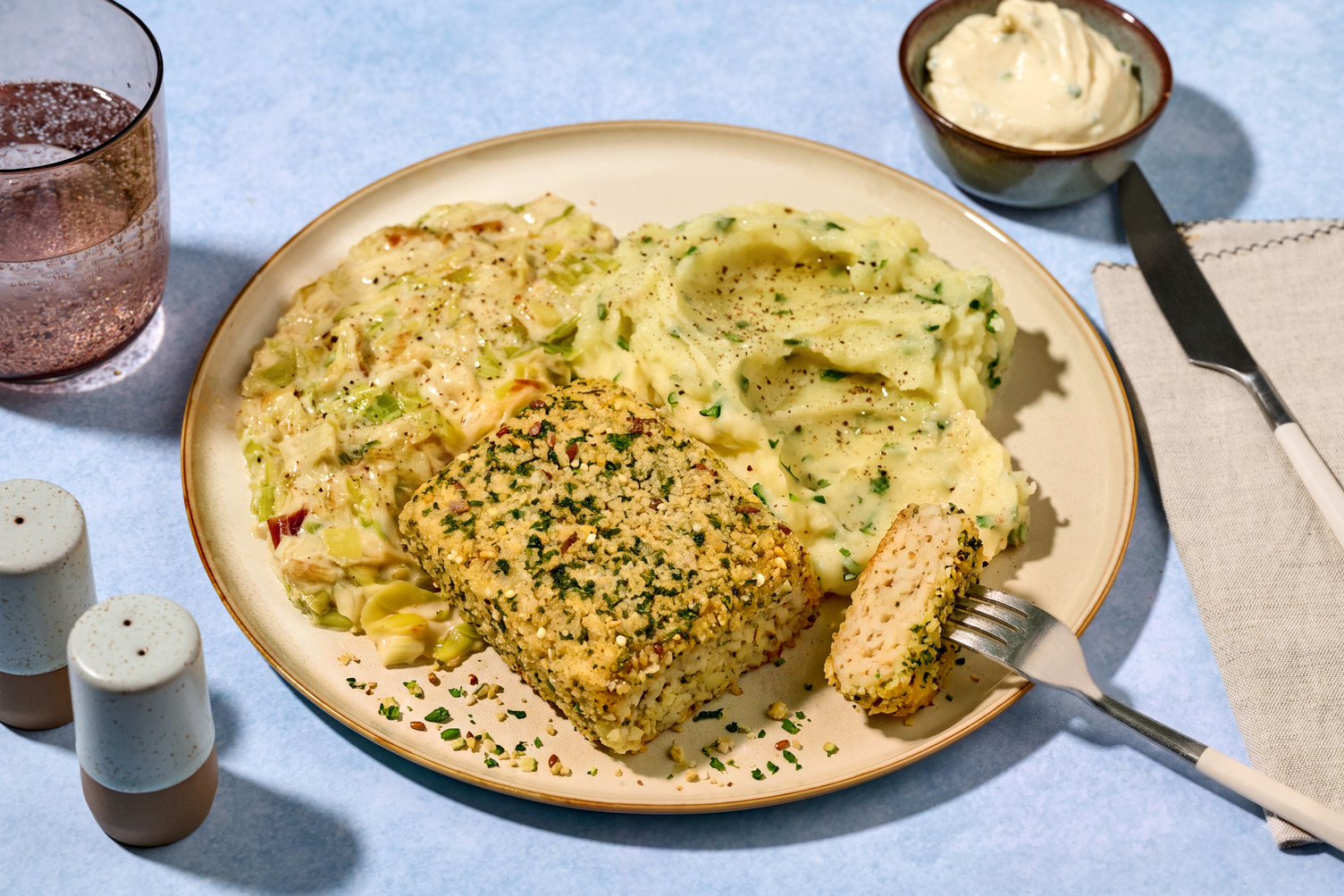 Poisson pané & poireau à la crème