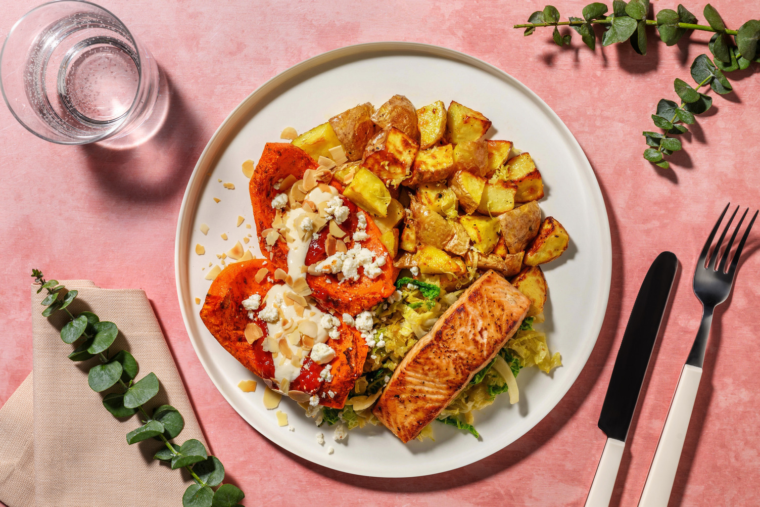 Spiced Salmon, Butternut Wedges and Honey-Harissa Sauce