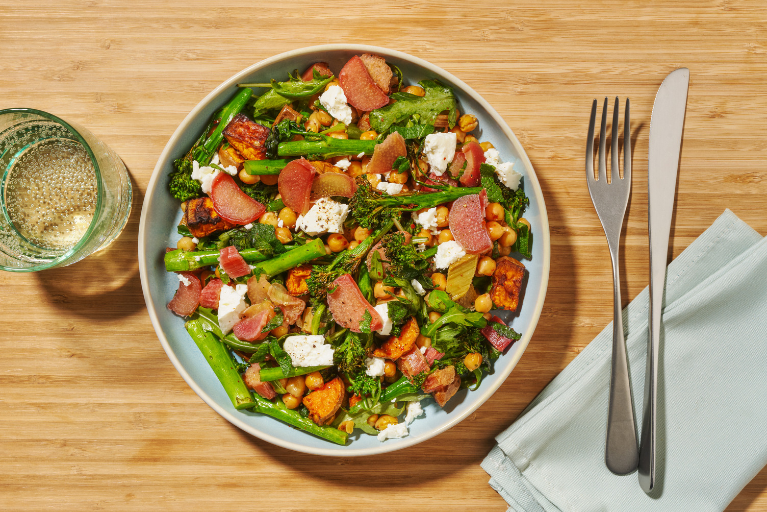 Spring Veg, Chickpea and Pickled Rhubarb Salad