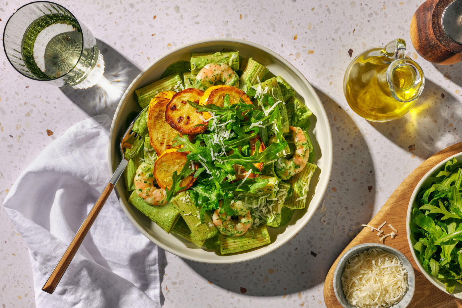 Miso Prawn, Green Chilli and Yellow Courgette Rigatoni