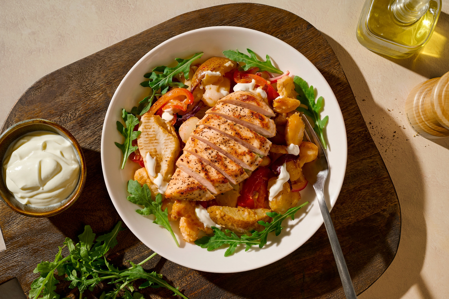 Chicken, Crispy Butter Bean, Pitta Chip and Pear Traybake