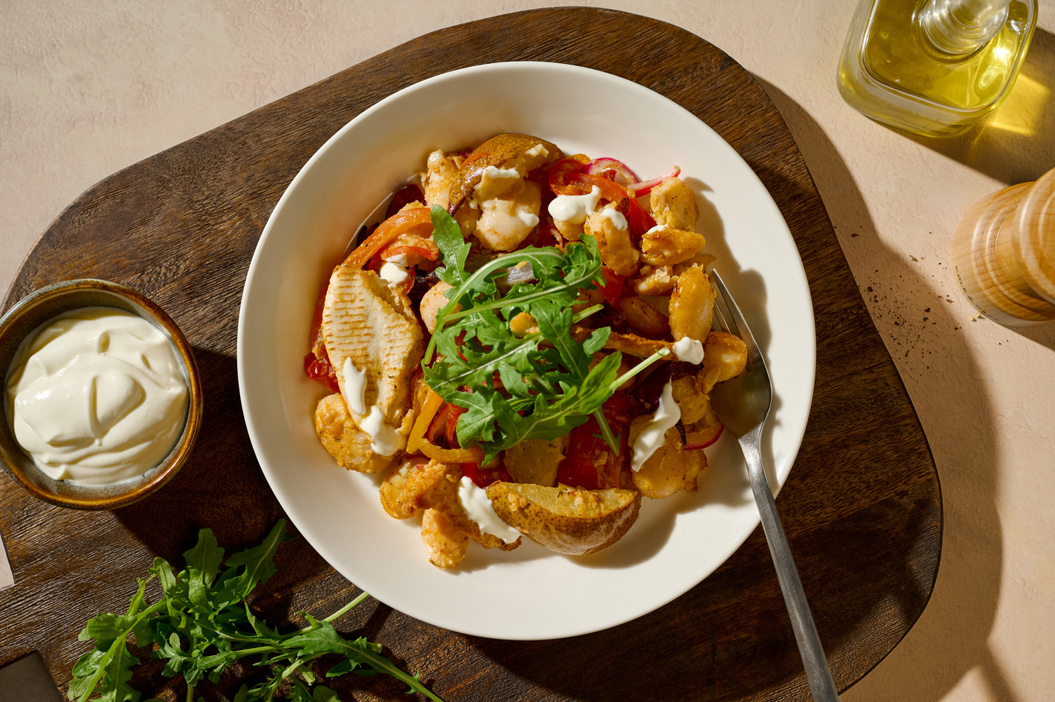 Chicken, Crispy Butter Bean, Pitta Chip and Pear Traybake