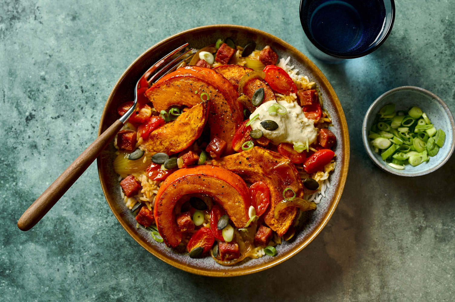 Roasted Pumpkin Wedges and Chermoula Spiced Chorizo Rice