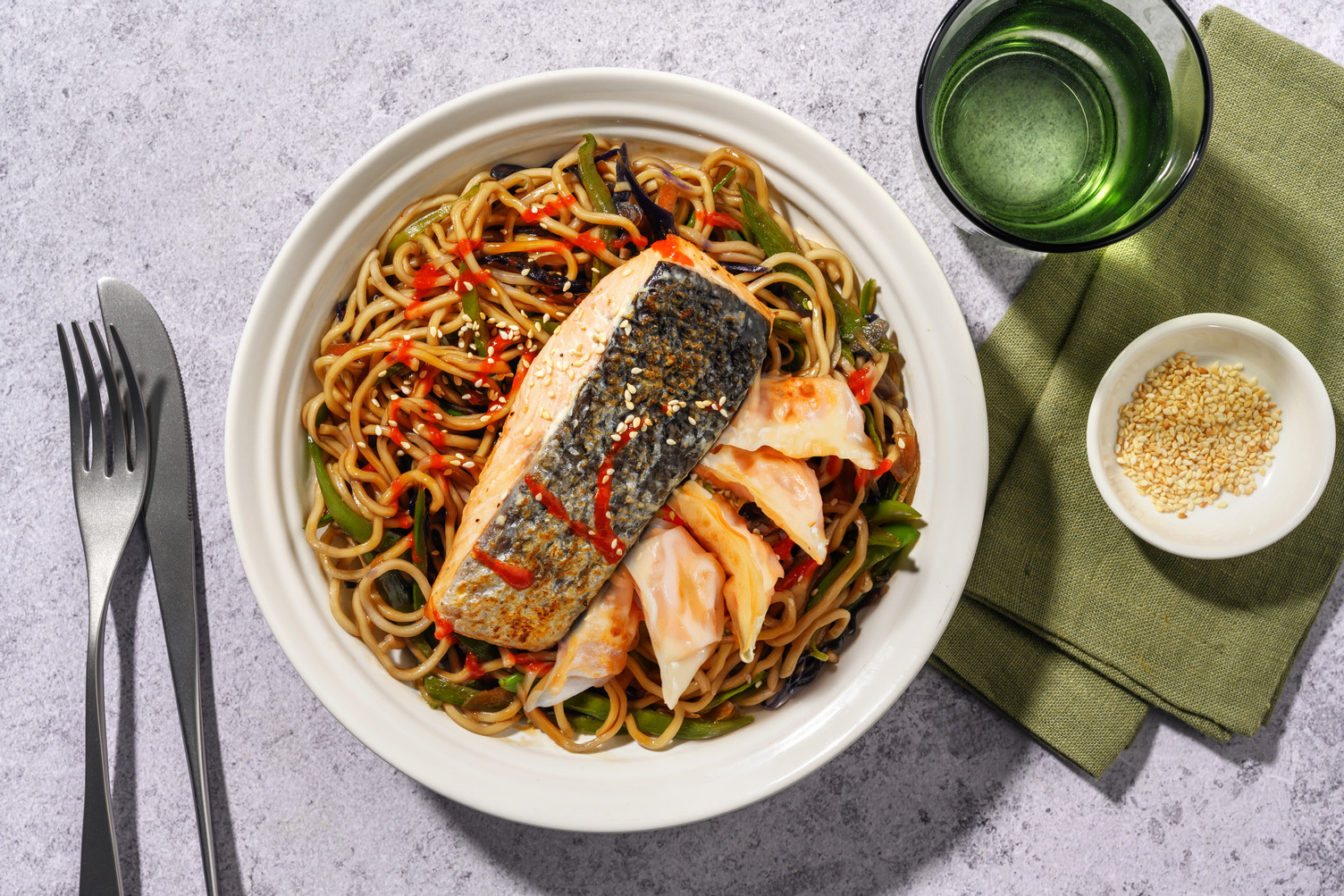 Quick and Easy Salmon and Vegetable Gyoza Noodle Bowl