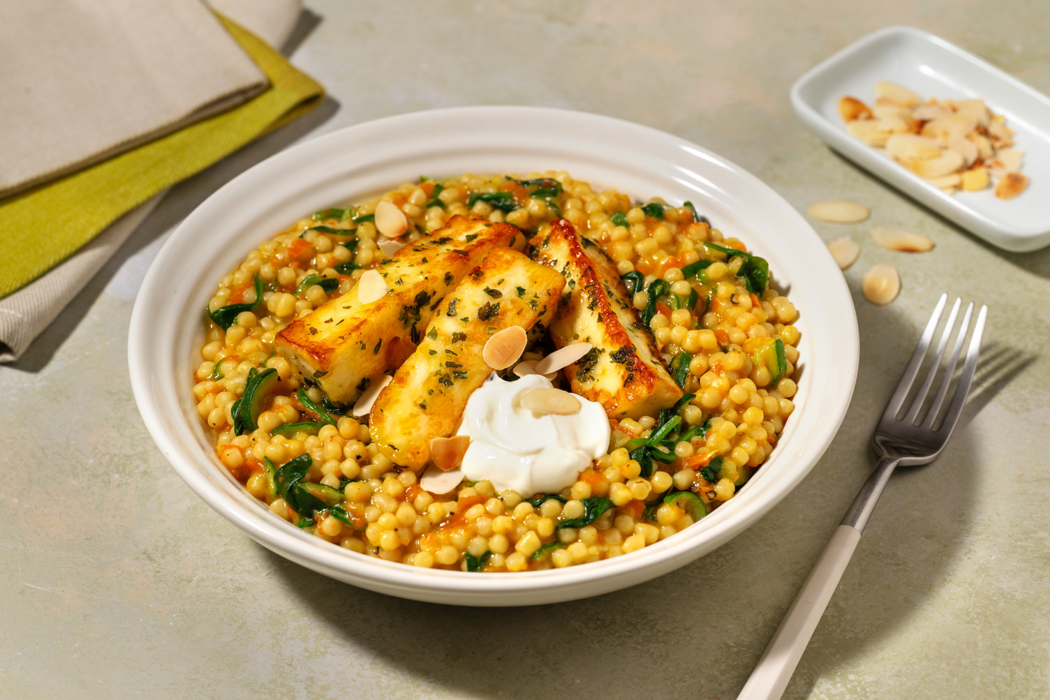Herby Honey Halloumi and Veg Couscous with Prawns