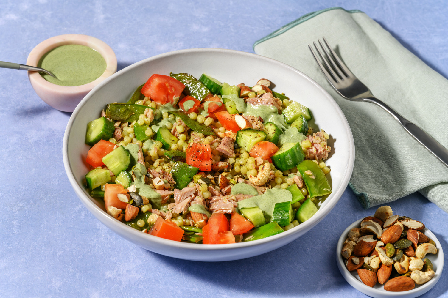 Thon, couscous perlé sauce menthe-persil acidulée