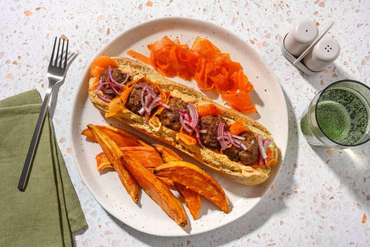 Banh mi aux boulettes de porc & sriracha