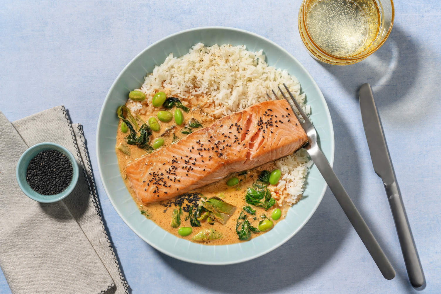Black Sesame Salmon in Red Thai Style Sauce
