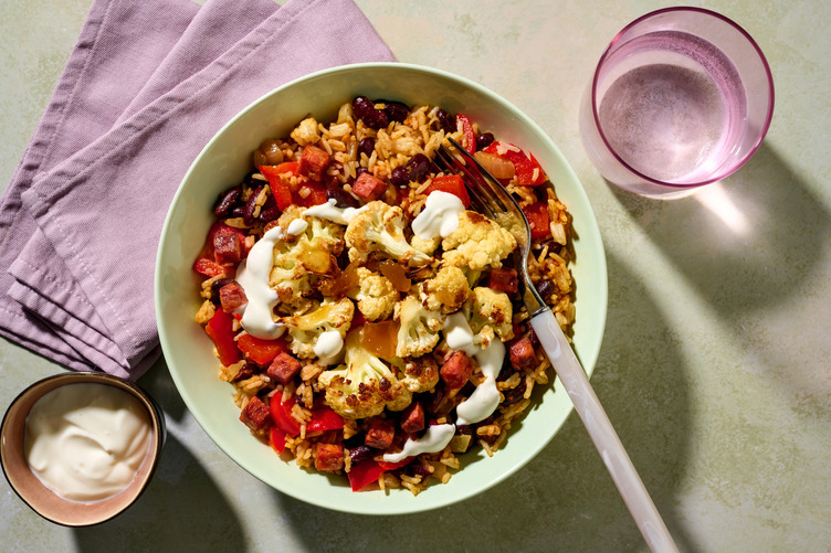Roast Cauliflower and Chorizo Loaded Veggie Rice
