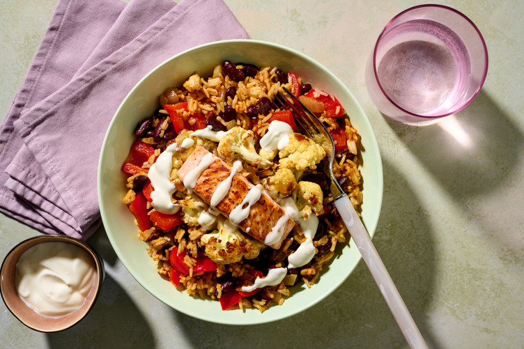 Roast Cauliflower and Loaded Veggie Rice with Salmon