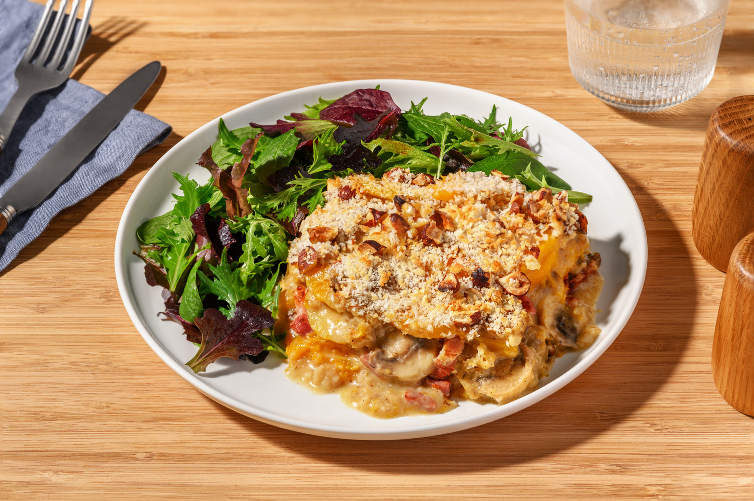 Gratin gourmand de butternut, champis & lardons