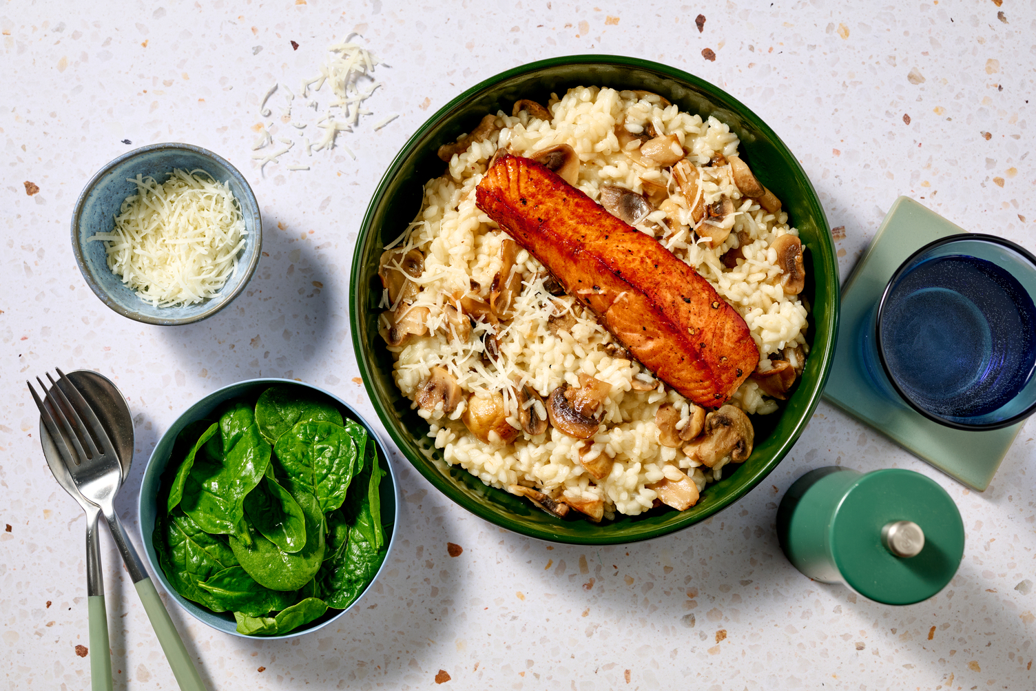 Truite laquée au soja & risotto aux champis