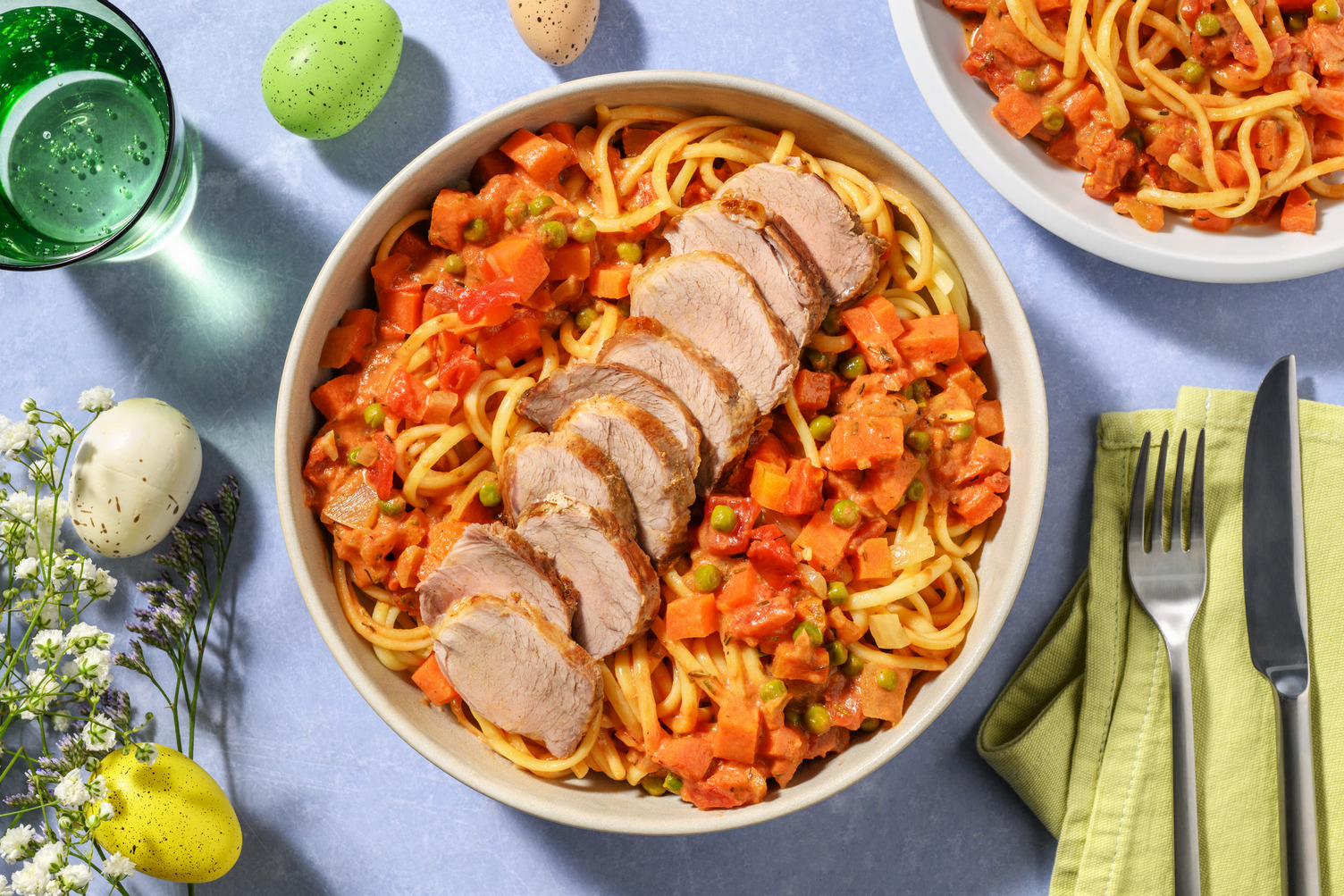 Filet mignon de porc & linguine à la tomate