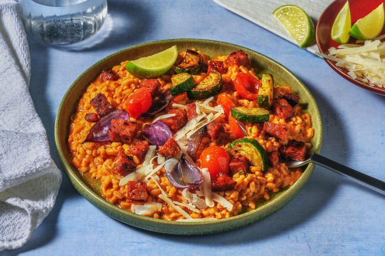 Risotto van parelgerst met chorizo en Parmigiano Reggiano