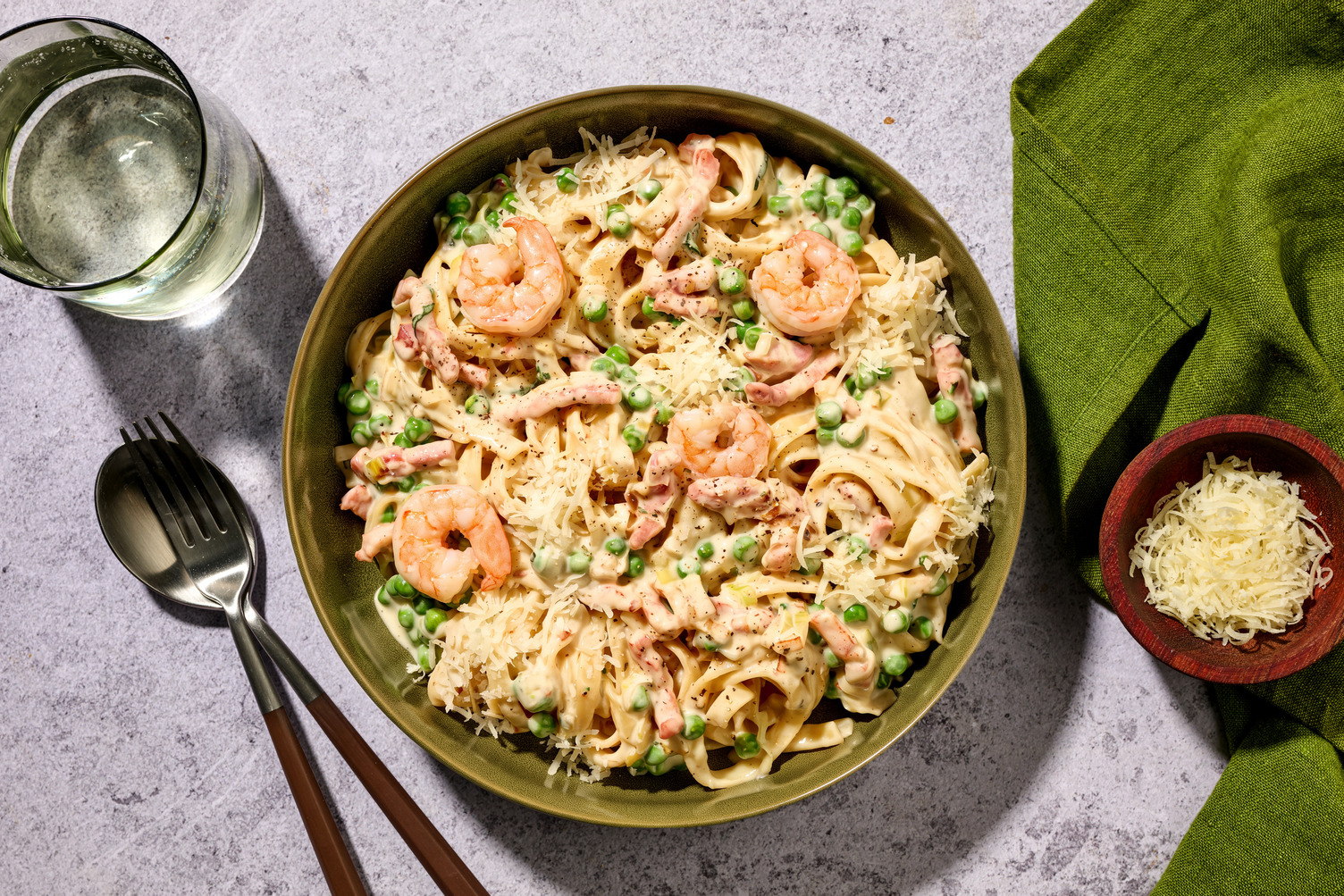 Bacon, Leek and Pea Tagliatelle with Prawns