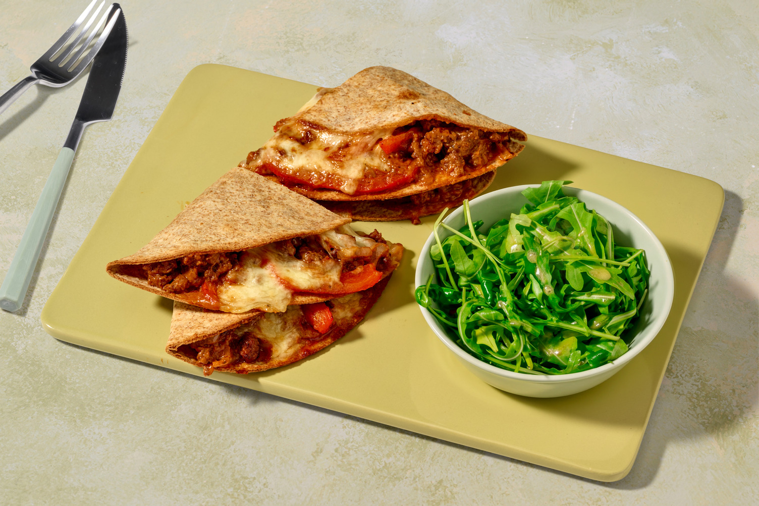 Quesadillas complètes : bœuf, poivron & cheddar