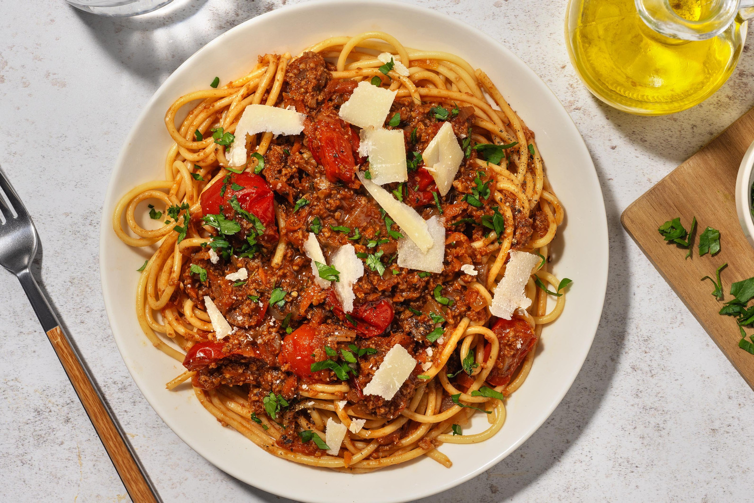 Veggie spaghetti bolognese met Grana Padano