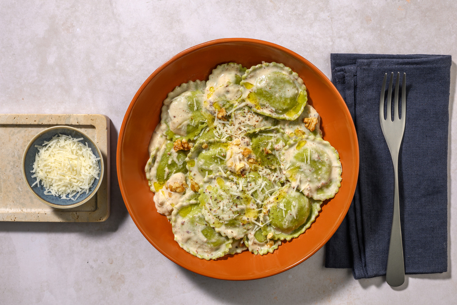 Ravioli di zucchine trombetta in salsa di noci