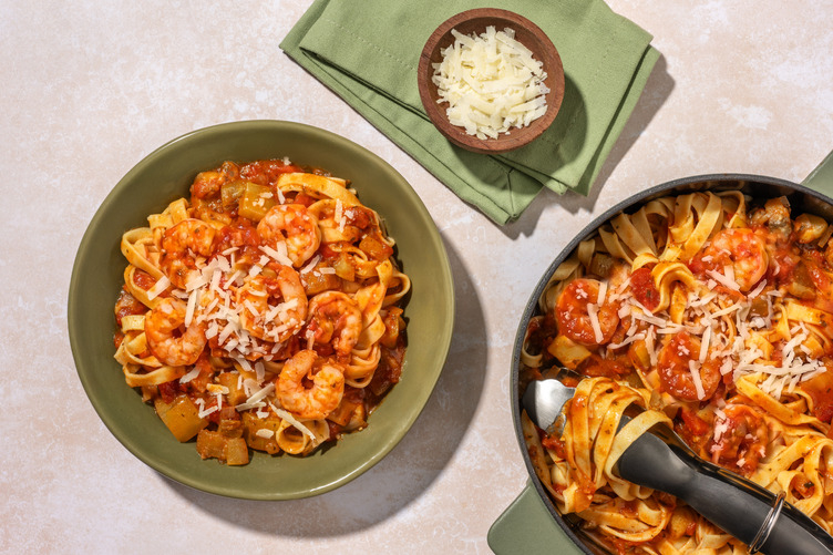 Aubergine Ratatouille Pasta with Prawns