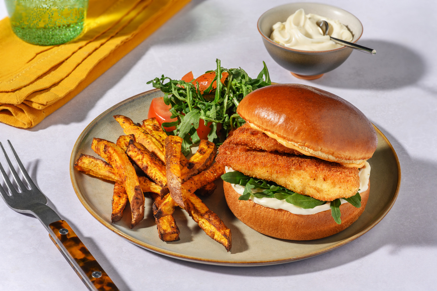 Crispy Cod Burger and Spiced Sweet Potato Fries
