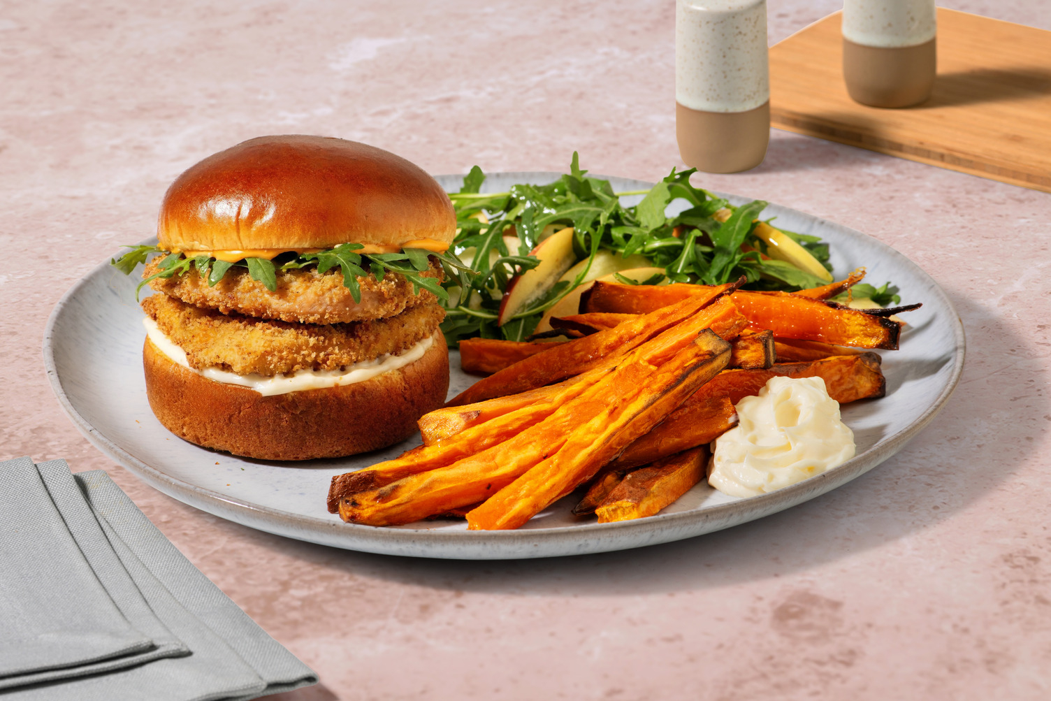 Crispy Chicken Burger and Spiced Sweet Potato Fries
