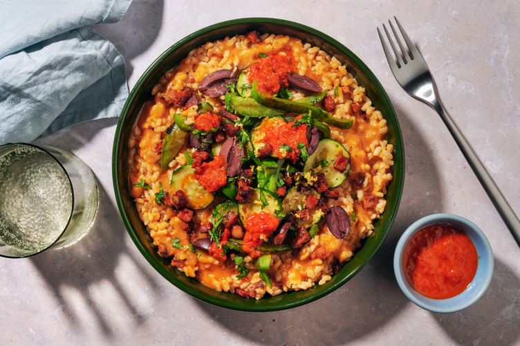 Risotto au chorizo & olives, citron & peril