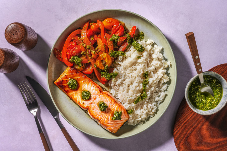 Pesto Salmon Traybake and Garlic Rice